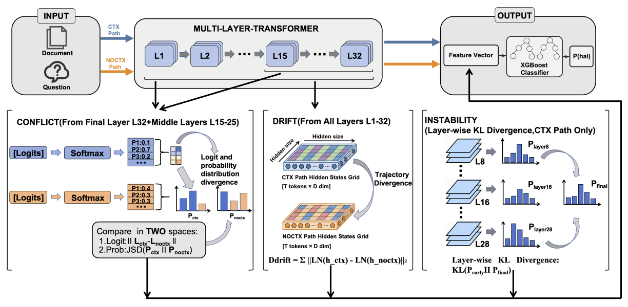 DISF dual-path architecture for hallucination detection